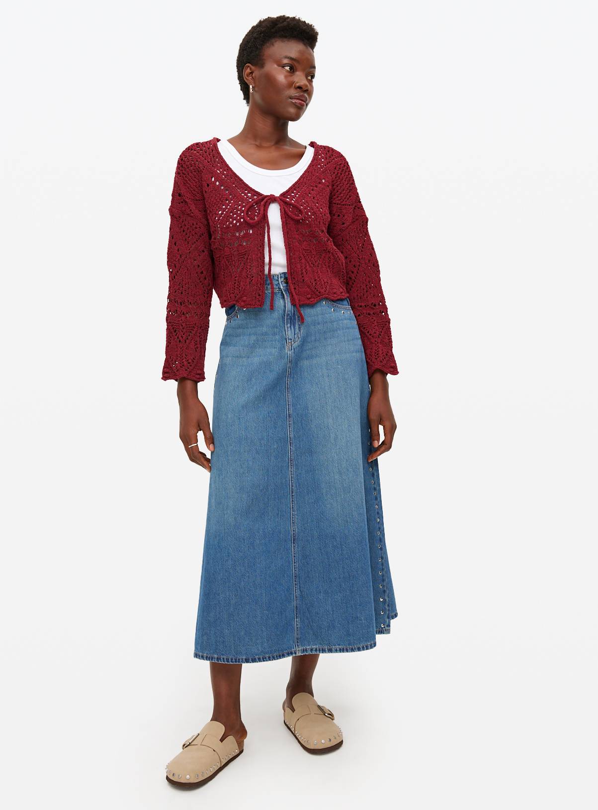 Berry Red Tie Front Pointelle Cardigan 18 - Image 3